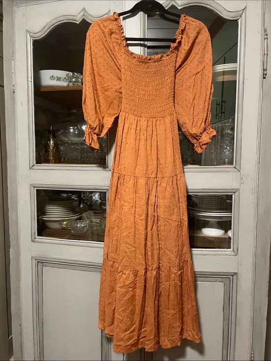Handmade Dresses & Skirts - Smocked Square-Neck Midi Dress in Rust